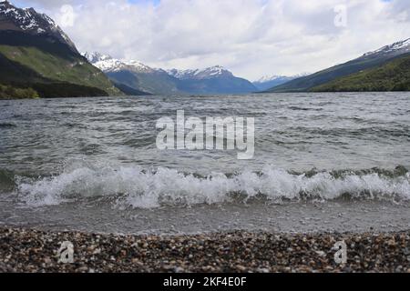 Fagnano lake and Andes Mountains. Stock Photo