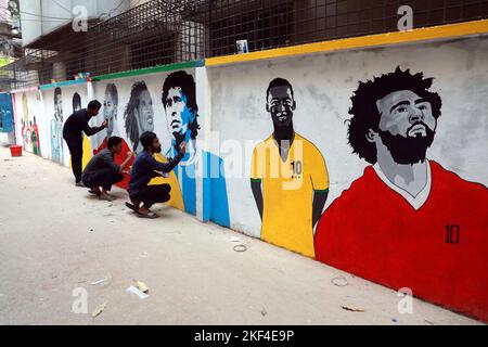 Dhaka, Bangladesh. 15th Nov, 2022. A Bangladeshi artist has painted a wall with a picture of a world famous football player.To celebrate the upcoming Fifa football world cup which will start on 20 November 2022 in Qatar. Dhaka, Bangladesh, November 15, 2022. Photo by Habibur Rahman/ABACAPRESS.COM Credit: Abaca Press/Alamy Live News Stock Photo