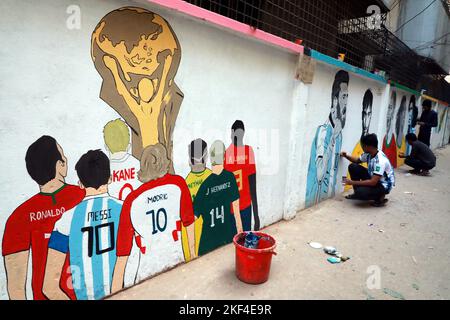 Dhaka, Bangladesh. 15th Nov, 2022. A Bangladeshi artist has painted a wall with a picture of a world famous football player.To celebrate the upcoming Fifa football world cup which will start on 20 November 2022 in Qatar. Dhaka, Bangladesh, November 15, 2022. Photo by Habibur Rahman/ABACAPRESS.COM Credit: Abaca Press/Alamy Live News Stock Photo