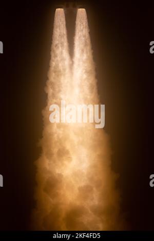 Kennedy Space Center, United States of America. 16 November, 2022. Flames from the NASA Artemis I Space Launch System rocket blast as it carries the Orion spacecraft from Launch Complex 39B, at the Kennedy Space Center, November 16, 2022, in Cape Canaveral, Florida. After several failed attempts the un-crewed flight test lifted off on the first test of the Deep Space Exploration mission. Credit: Joel Kowsky/NASA/Alamy Live News Stock Photo