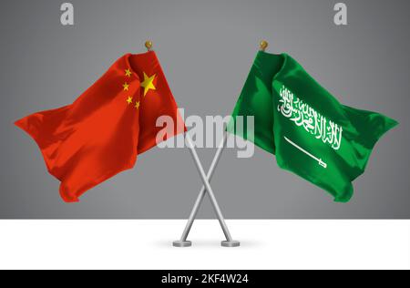 two crossed flags Saudi Arabia and Malaysia waving in wind at cloudy ...