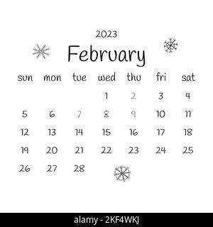 2023 february calendar with snowflakes. Black and white modern calendar, monthly planner. Vector hand drawn doodle illustration. Modern simple design. Stock Vector