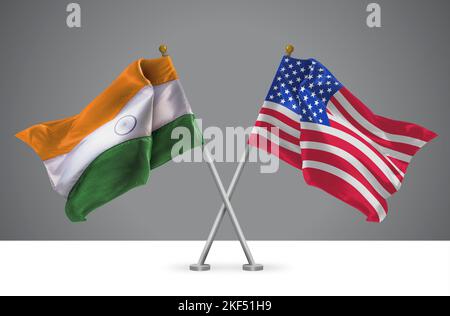 Two Wavy Crossed Flags of United States of America and India, Sign of American and Indian Relationships Stock Photo