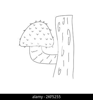 Rough mushroom grows on a tree trunk. Vector black and white isolated illustration hand drawn doodle. Simple card or print Stock Vector