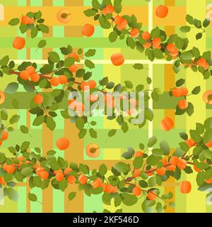Branches apricot tree with ripe fruits. Background picture. Garden plant with edible harvest. Seamless pattern composition. Branch with foliage and le Stock Vector
