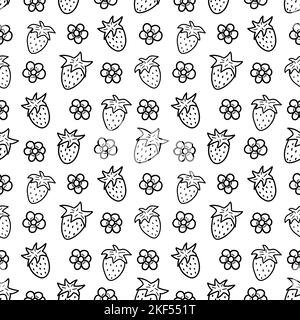 Seamless pattern with strawberries and chamomiles. On white background. Vector black and white doodle illustration hand drawn. Summer berries and fiel Stock Vector