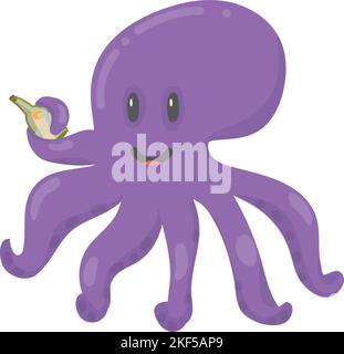 Purple octopus with smiling face. Happy sea character Stock Vector