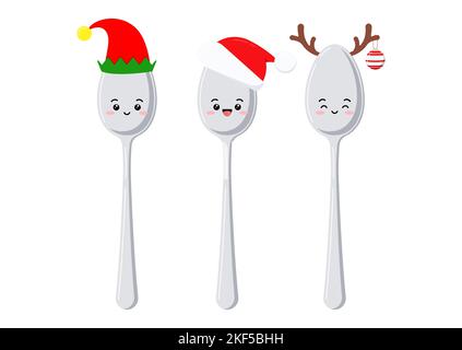 Christmas cute spoon kawaii character set isolated on white background. Stock Vector