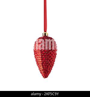 Red christmas ball hanging, isolated on white background. christmas tree ornaments made of glass. Stock Photo