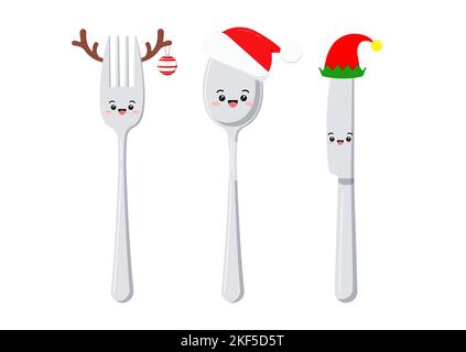 Cute spoon knife and fork kawaii character set isolated on white background. . Stock Vector