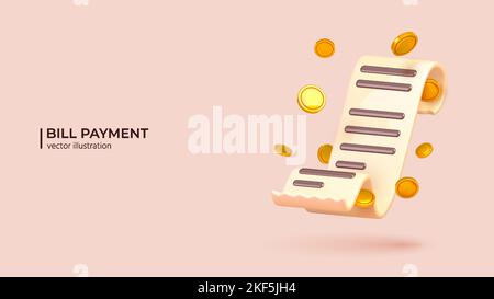 3D Cash Receipt in cartoon style. Realistic 3d design of Paper bill with Coin in Trendy colors. Vector illustration in cartoon minimal style. Stock Vector