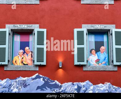 Colorful mural painted on the façade of a building in the historic centre of Chamonix, Haute-Savoie, France Stock Photo