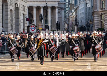 Royal Marines Band from The Commando Training Centre at the Lord Mayor's Show parade in the City of London, UK. Marching band Stock Photo