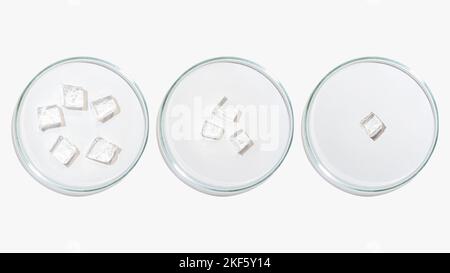 Several petri dishes on a light background. Gel cubes, solidified liquid, solid texture, solid gel, ice, transparent color cut cubes. laboratory. Stock Photo