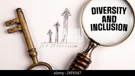 Diversity and Inclusion. Magnifying glass and key on white background. Stock Photo