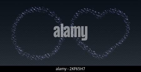 Soap foam frames, realistic shampoo bubbles, bath lather borders in shape of circle and heart. Stock Vector