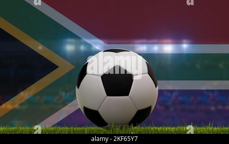 Soccer football ball on a grass pitch in front of stadium lights and south africa flag. 3D Rendering Stock Photo