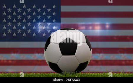 Soccer football ball on a grass pitch in front of stadium lights and usa flag. 3D Rendering Stock Photo