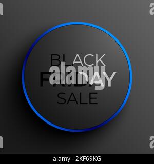 Black Friday Sale soft looking promo banner vector design, with blue circle and reflective text on a black background. Stock Vector