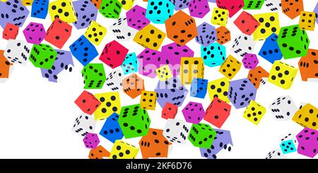 Gambling game dice. Seamless pattern of polyhedral gaming color dice cubes with black dots on white. Object to play in casino, dice from one to six do Stock Vector