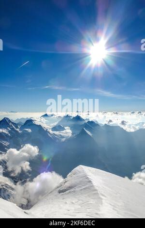 Description: Beautiful panoramic view on Aletsch glacier photographed from Jungfrau hike route. Jungfrau high route, Bernese Alps, Switzerland, Europe Stock Photo