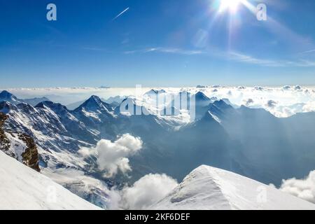 Description: Beautiful panoramic view on Aletsch glacier photographed from Jungfrau hike route. Jungfrau high route, Bernese Alps, Switzerland, Europe Stock Photo