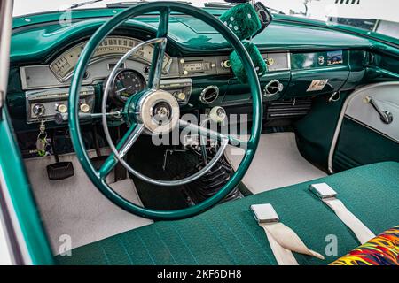 Des Moines, IA - July 02, 2022: High perspective interior view of a 1958 Ford 2 Door Sedan at a local car show. Stock Photo