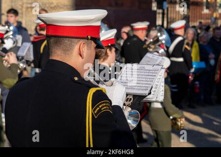 SURBITON RBL YOUTH MARCHING BAND playing Aces High, Luftwaffe March, by Ron Goodwin at the Lord Mayor's Show parade in the City of London, UK Stock Photo