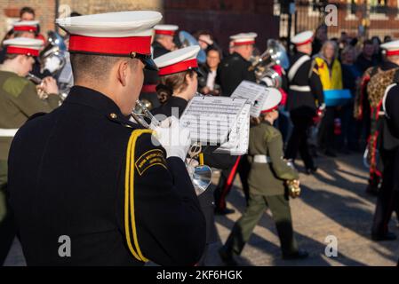 SURBITON RBL YOUTH MARCHING BAND playing Aces High, Luftwaffe March, by Ron Goodwin at the Lord Mayor's Show parade in the City of London, UK Stock Photo