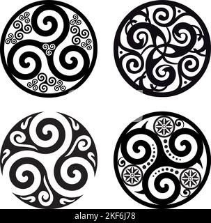 Set of Celtic Symbols Celtic Knot and Triskelion Circles Trinity Sacred Geometry Energy - Black and White Stock Vector