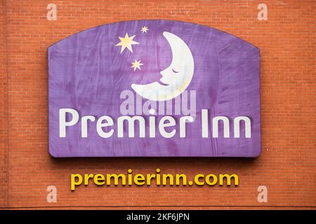 Premier Inn logo/sign on a Premier Inn hotel in Coventry, West Midlands, UK. Stock Photo