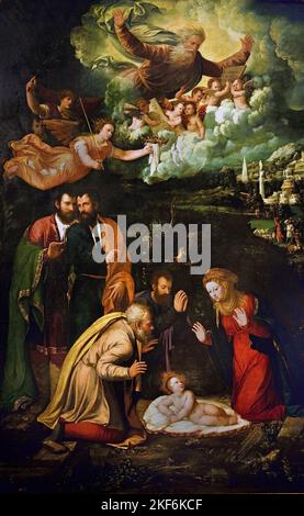 Adoration of the Child - Nativity with the Eternal Father 1533-1536 by Dosso Dossi - Giovanni di Niccolo Luteri 1486 - 1542  and Battista Dossi 1490-1548  (Baptist of Niccolò Luteri), 1533-36 taly, Italian, Stock Photo