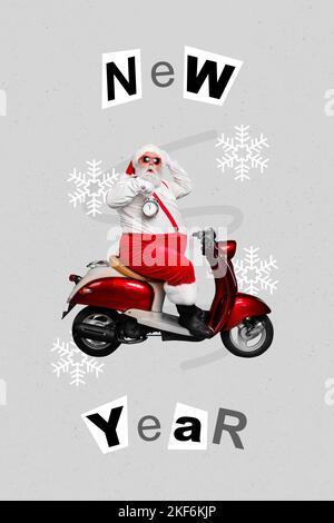 Vertical collage image of amazed funky aged santa drive moped bike hold clock new year text painted snowflakes festive season Stock Photo