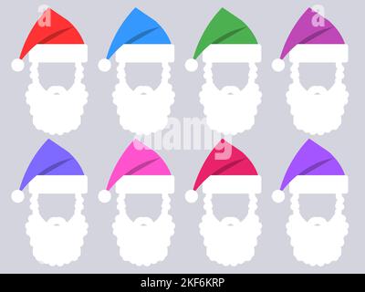 Hat and beard of Santa Claus collection. Set of icons of multicolored hats and beards of Santa Claus. Xmas design for greeting cards, posters and bann Stock Vector