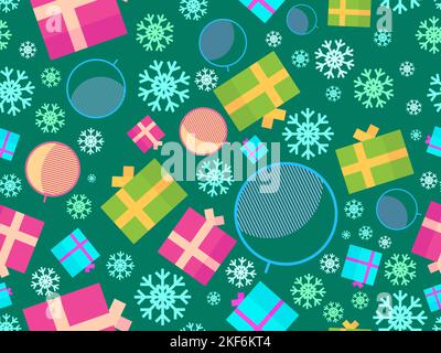Christmas seamless pattern with Christmas balls, snowflakes, 3d gift boxes. Christmas pattern in memphis geometric style. Xmas design for printing and Stock Vector