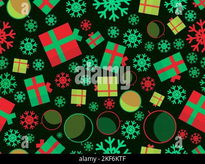 Christmas seamless pattern with Christmas balls, snowflakes, 3d gift boxes. Christmas pattern in memphis geometric style. Xmas design for printing and Stock Vector