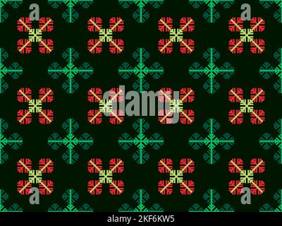 Snowflakes seamless pattern. Ornament with Christmas multicolored snowflakes. Snowflakes of green and red color. Xmas design for print, wrapping paper Stock Vector