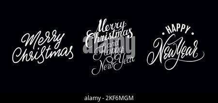 A set of headers for the celebration of the New Year and Merry Christmas in the style of lettering on a black background for printing and design Stock Vector