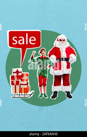 Composite collage picture image of santa claus elf helper workshop sledge presents gifts delivery sale shopping pop sketch artwork abstract Stock Photo