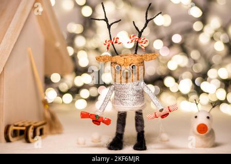Creative Christmas Concept Creative Winter Concept Festive Corks Cork Deers Concept Cork Deer Figure Concept Cozy Christmas Lights Stock Photo