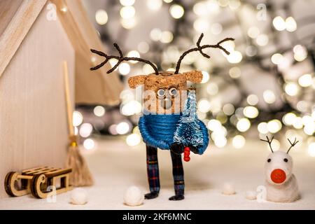 Creative Christmas Concept Creative Winter Concept Festive Corks Cork Deers Concept Cork Deer Figure Concept Cozy Christmas Lights Stock Photo