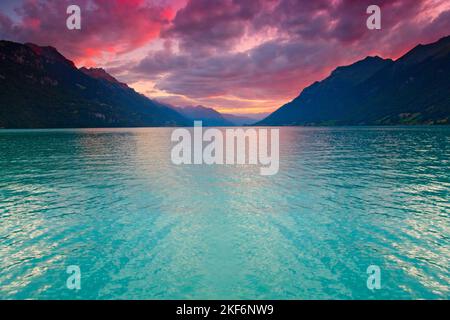 Lake Brienz at sunset in swiss Alps, Switzerland Stock Photo