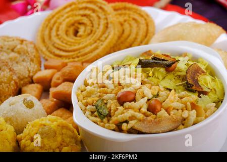 Diwali snacks Diwali faral, Diwali Special sweet and salty snacks, Festival snacks from Maharashtra, India. Stock Photo