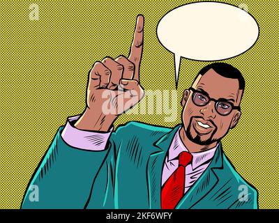 businessman attention gesture index finger up, announcement and advertising concept. a smiling man in a suit Stock Vector