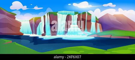 Jungle forest cartoon landscape with waterfall. Tropical natural scenery with cascade of rocks with flow water to creek or lake. River stream flowing from stones in wild park Stock Vector