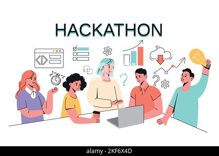 Hackathon, doodle hand drawing team of programmers, web developers, managers and graphic designers develop software. Programming and coding concept. Workteam people create project and work with data. Stock Vector