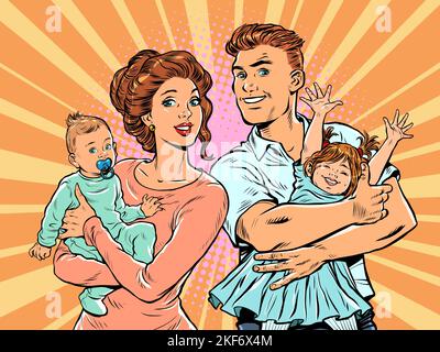 Family mom and dad with children in their arms. pop art retro illustration 50s 60s style Stock Vector