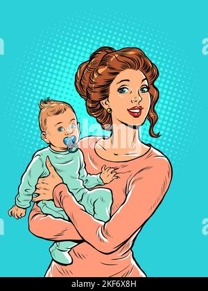 Joyful mother with a child in her arms. Mothers Day. Pop art retro style. Beautiful woman in motherhood Stock Vector