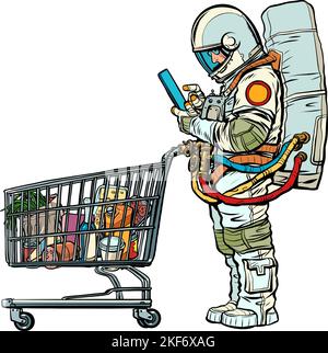 Astronaut man with a grocery cart in the store looks at the phone. Online product selection. Electronic commerce Stock Vector