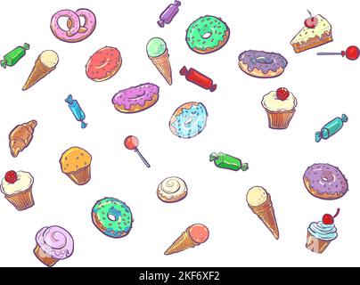 Confectionery sweets candy cupcake donut cake ice cream. birthday background Stock Vector